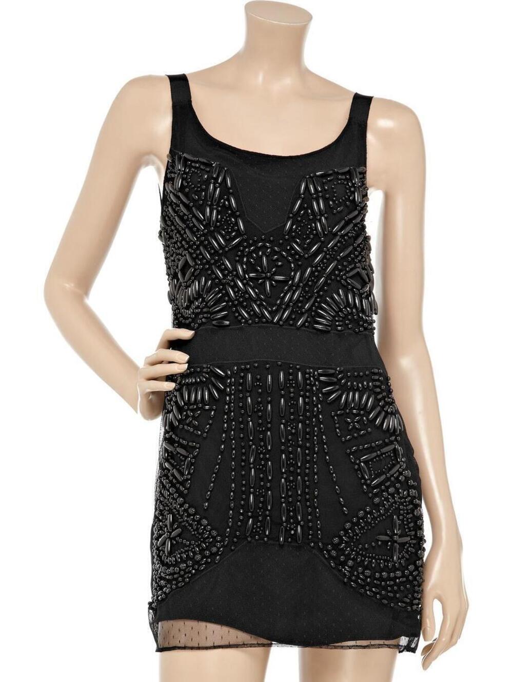 CATHERINE MALANDRINO Black Beaded Silk-blend Mini Dress Sz:10USA NEW
